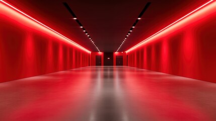 Poster - A long, symmetrical hallway is illuminated by bright red lighting strips along the ceiling edges, casting a red glow on the walls and floor, creating a dramatic