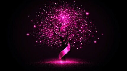 Poster - A stylized tree with a dark trunk and branches is illuminated by a burst of pink sparkles and a swirling pink ribbon against a dark background
