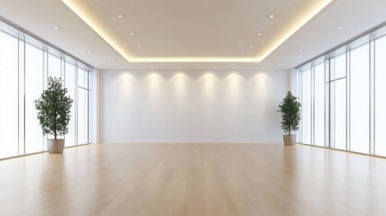 Poster - A bright, empty room with light wood floors, white walls, and large windows is symmetrically framed by two potted plants