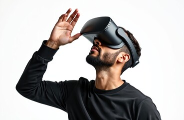 Poster - Man wearing virtual reality headset on white background. Bearded guy in black smart glasses explores metaverse, plays simulation, interacts with digital cyberspace, experiences immersive innovative