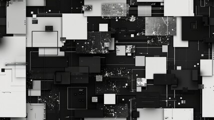 Fototapete - The abstract picture of glitch circuit in square shape sketched by black color use shading to express software effect and algorithm graphic of digital chip through modern and electronic style. AIG53.