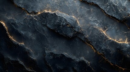 Poster - Dark rock surface with glowing golden veins. Abstract, intense texture. Glowing Veins of a Dark Mountain Rock