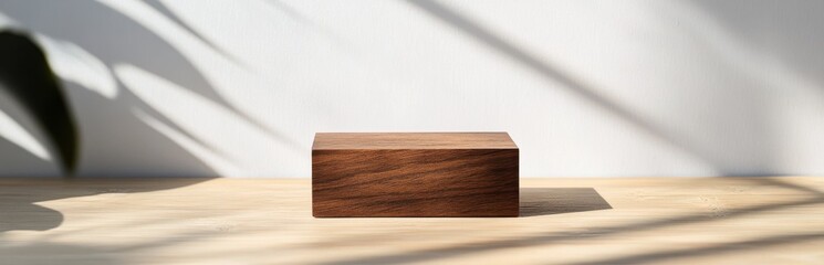 Poster - A simple wooden block resting on a table casts gentle shadows in warm sunlight. This minimalistic scene enhances natural textures and creates a calming ambiance.