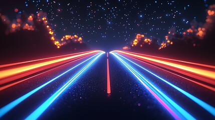 Wall Mural - Neon road, futuristic highway, night, speed, cosmos, energy, digital art, abstract background, video game