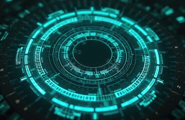 Poster - Futuristic abstract circular tech background. Digital turquoise hologram screen. Generative AI innovation. Cyber network element, display interface. Glowing creative science, energy circle. Modern