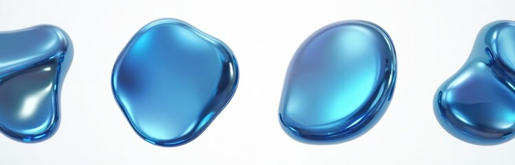 Poster - Abstract blue chrome iridescent blobs isolated on white. Smooth liquid forms create futuristic background. Minimalist style backdrop. Design element for banners, websites, presentations. Clean