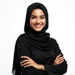 © Viktor - Portrait of smiling attractive Arab woman in hijab with arms crossed isolated on transparent background. Saudi Middle Eastern lady with headscarf veil looks at camera. Moslem female in Islamic