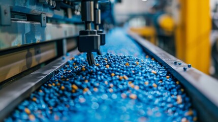 Poster - Capsules in various colors are being transported on a conveyor belt in a pharmaceutical production area, showcasing the manufacturing process and quality control.