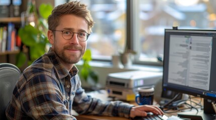 Poster - Young man working on computer in bright office with natural ligh