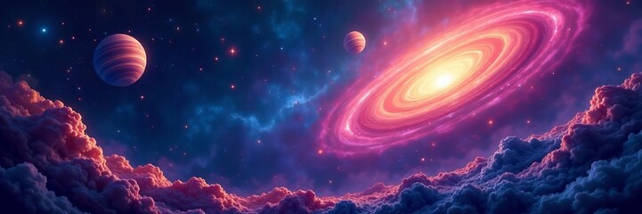 colorful cosmic illustration with celestial bodies and swirling galaxies, planets, cosmos
