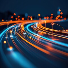 Fototapete - A vibrant night scene showcasing flowing light trails on a road, accompanied by glowing dots, creating a dynamic and futuristic atmosphere.