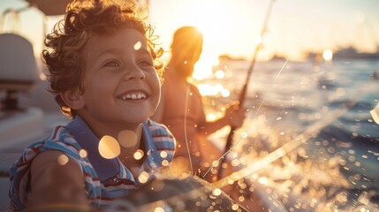 Fototapete - Two children are fishing from a boat as the sun sets, creating a warm glow. One child is smiling broadly while the other focuses on their fishing activity.