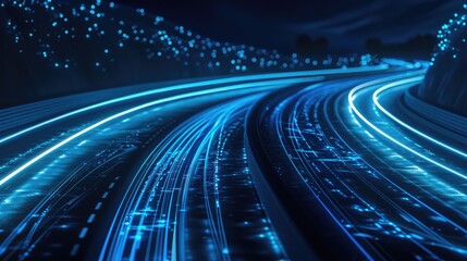 Poster - A stunning futuristic highway image featuring flowing data patterns and glowing blue lights. Ideal for tech-related projects, backgrounds, and digital art.