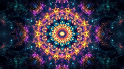 Poster - Colorful mandala with intricate patterns and vibrant colors forming a radial symmetry against a dark background. Spiritual and meditation art concept.