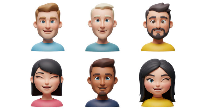 3D illustration of smiling people close up portraits set. Cute cartoon business men and women avatars, multi ethnic male and female characters faces, isolated on white