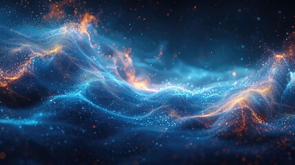 Fototapete - Abstract picture micro light sparkling particle represent data flow vivid flowing wave with high tech background, create digital effect scene perfect for energetic and fantasy wallpaper design. AIG53.