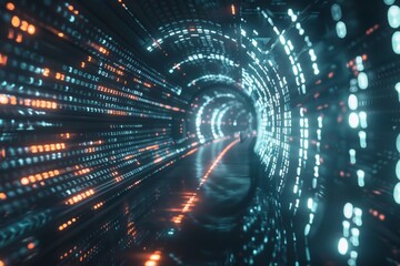 Poster - Digital data stream of numbers and letters in the dark tunnel with glow, futuristic background for technology concept