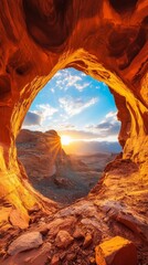 Wall Mural - Sunset view through red rock arch with dramatic sky and mountains, warm golden tones. Natural wonder and landscape photography concept
