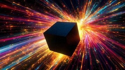 Aufkleber - Black cube floating amidst colorful light explosion and cosmic energy, dynamic abstract background. Futuristic and surreal concept