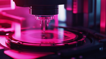 Poster - Advanced Technology Precision Robotic Arm Pink Neon Light Industrial Automation Manufacturing Process Semiconductor Wafer Inspection Equipment Closeup