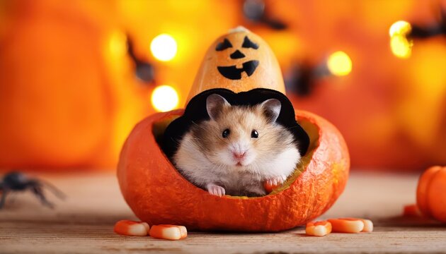 Playful Halloween Hamster in Copyspace Backdrop Adorable Pet Donning Spooky Costume Amidst Vibrant Digital Background, Exuding Fun and Festive Spirit