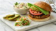 © midobun2014 - Vegan Burger plant based food concept, delicious vegan burger served with coleslaw, pickles, and fresh vegetables