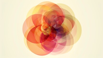 Poster - Abstract, circular shapes in shades of red, orange, and yellow, arranged in a layered pattern, against a light beige background.