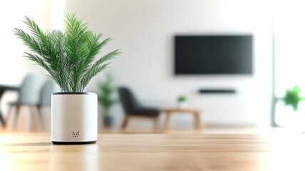 Poster - Voice-activated smart TV in a modern living room with indoor pla