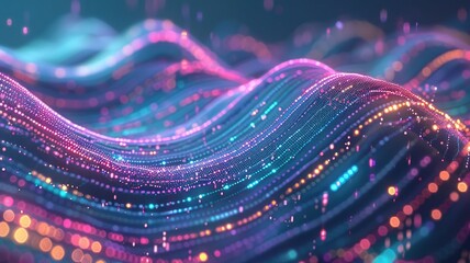 Fototapete - Abstract picture micro light sparkling particle represent data flow vivid flowing wave with high tech background, create digital effect scene perfect for energetic and fantasy wallpaper design. AIG53.