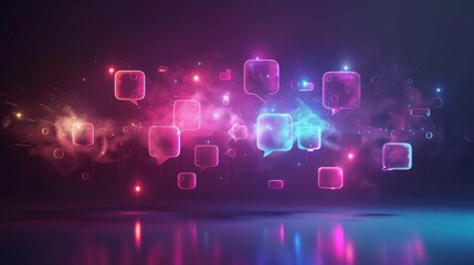 Poster - A captivating display of floating speech bubbles in various colors against a dark background, showcasing dynamic lighting and an abstract feel, evoking communication and connection.