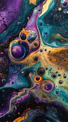 Poster - Vibrant abstract fluid art painting with swirling colors in purple, teal, and gold. Artistic expression and creativity concept.