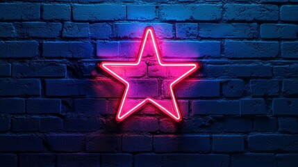 Aufkleber - Neon star sign glowing on dark brick wall in blue and pink hues. Urban nightlife and contemporary art concept