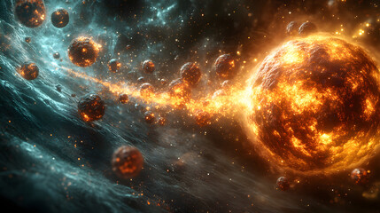 Wall Mural - Cosmic Collision: A breathtaking depiction of two celestial bodies colliding, unleashing a fiery explosion of energy and debris across the vast expanse of space.