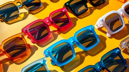 Poster - Vibrant sunglasses in various colors including white, red, blue, and orange are arranged artistically against a bright yellow background. These stylish accessories capture attention and add flair.