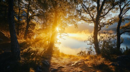 Poster - Sunlight streaming through dense forest by misty lake, warm colors. Nature serenity and tranquility concept