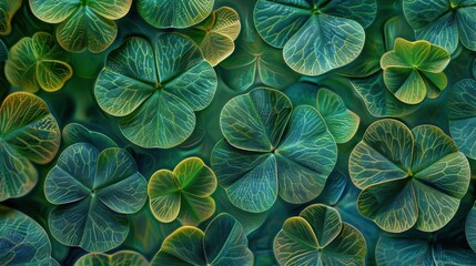 Aufkleber - Close-up view of vibrant green clover leaves with intricate details, creating a lush and textured natural background