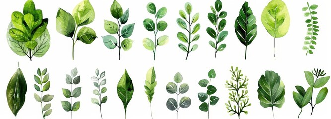 Poster - Collection of watercolor painted green leaves and branches isolated on white background