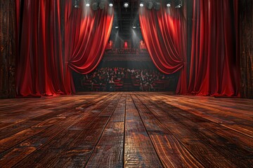 Aufkleber - Dark Theater Stage with Red Curtains and Wooden Floor
