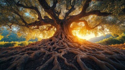 Poster - Ancient olive tree with sprawling roots in sunset light, vibrant landscape. Natural beauty and tranquility concept