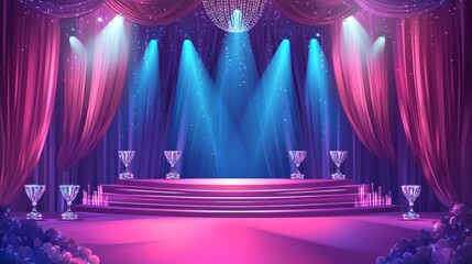 Aufkleber - Elegant Stage with Purple and Pink Curtains and Blue Spotlights