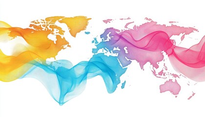 Poster - Abstract Watercolor World Map with Flowing, Vibrant Color Swirls, Global Communications Concept.