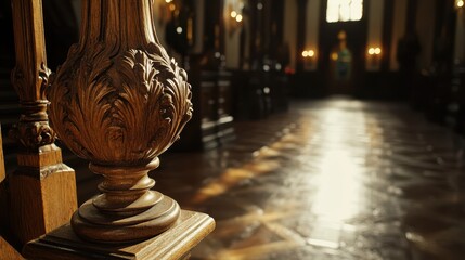 Wall Mural - A rustic wooden vase rests elegantly on a wooden table, surrounded by the serene ambiance of a church interior.