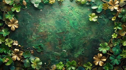 Aufkleber - Festive Green and Gold Shamrock Frame on Glitter Background