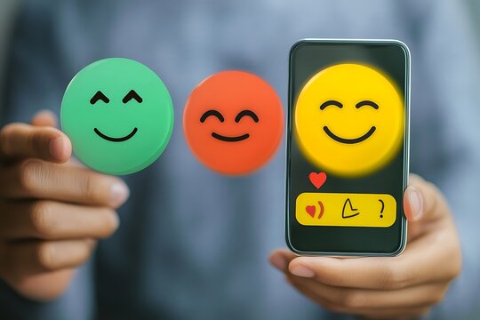 Customer Satisfaction Concept, Positive and Negative Digital Ratings with Smiley and Star Icons