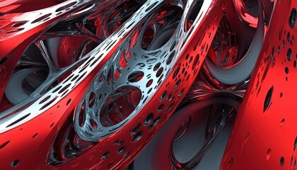 Poster - Intricate Abstract Red and Silver 3D Render with Complex Geometric Patterns