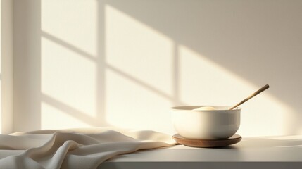 Poster - A white bowl with a wooden spoon sits on a table in front of a window