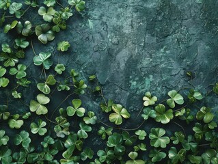 Aufkleber - Lush Green Clover Leaves on Dark Teal Glittery Background