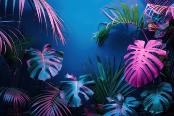 Poster - Lush Tropical Leaves with Neon Pink and Blue Glow
