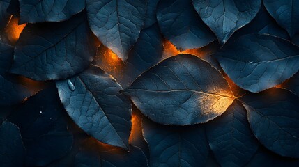 Poster - Dark teal leaves with golden light illuminating them. Intriguing contrast and texture. Enigmatic Glow: Dark Teal Leaves Illuminated