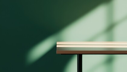 Aufkleber - Minimalist Wooden Table Against Green Wall with Sunlight Shadows